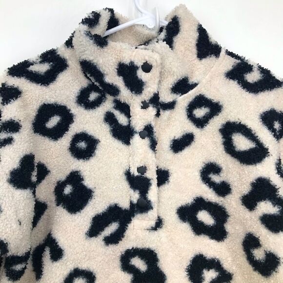 LOFT Cream Black Cheetah Print Quarter Snap Cozy Fleece Pullover - Picture 4 of 13